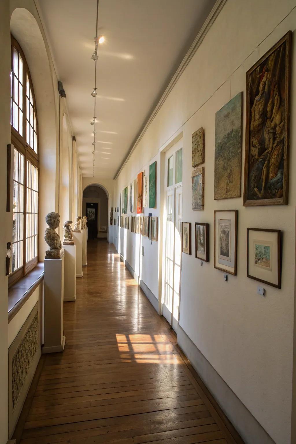 An art gallery within a passageway transforms a transitional space into an artistic odyssey.