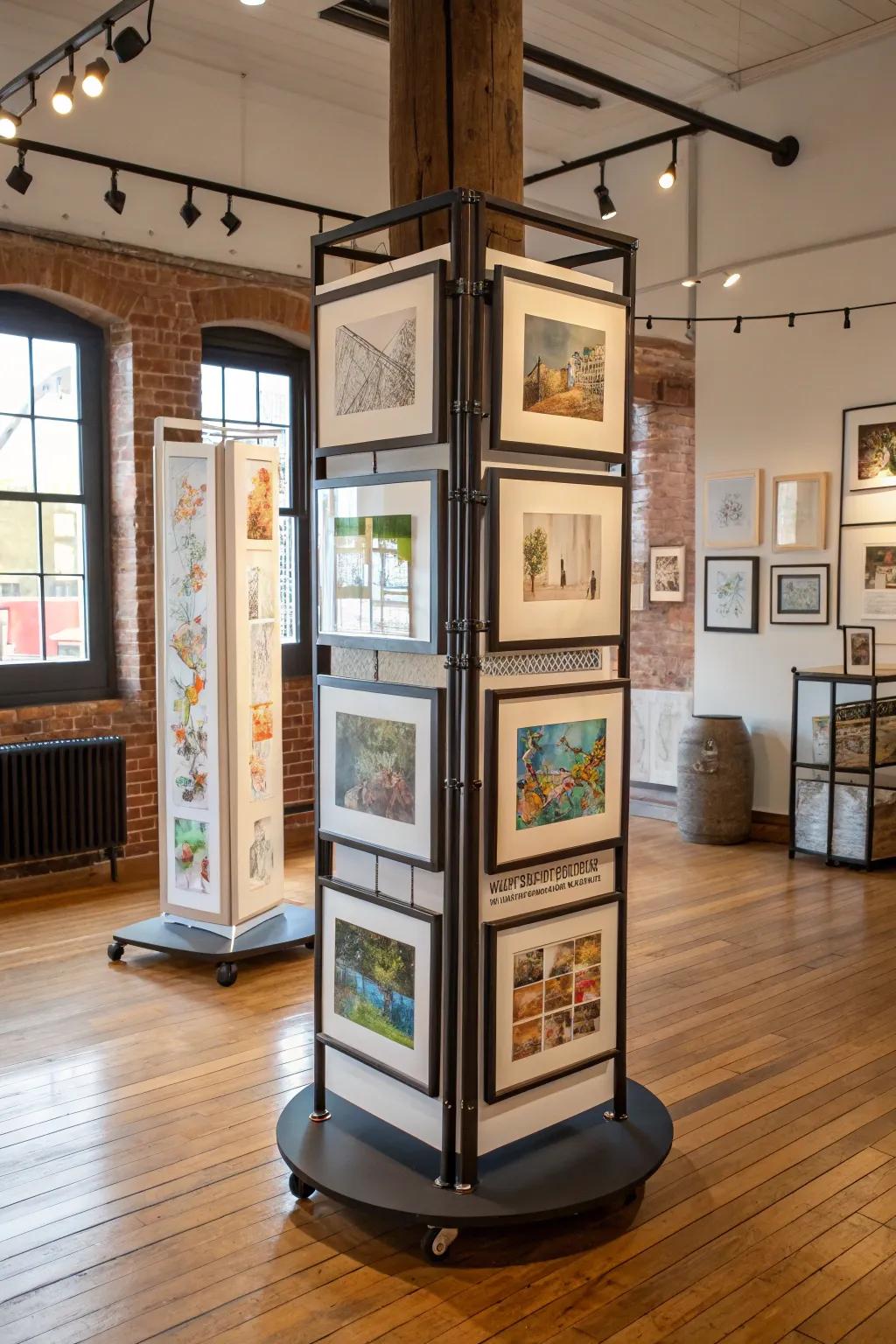 A revolving exhibition system for art prints, ideally suited for retaining a revitalizing atmosphere.