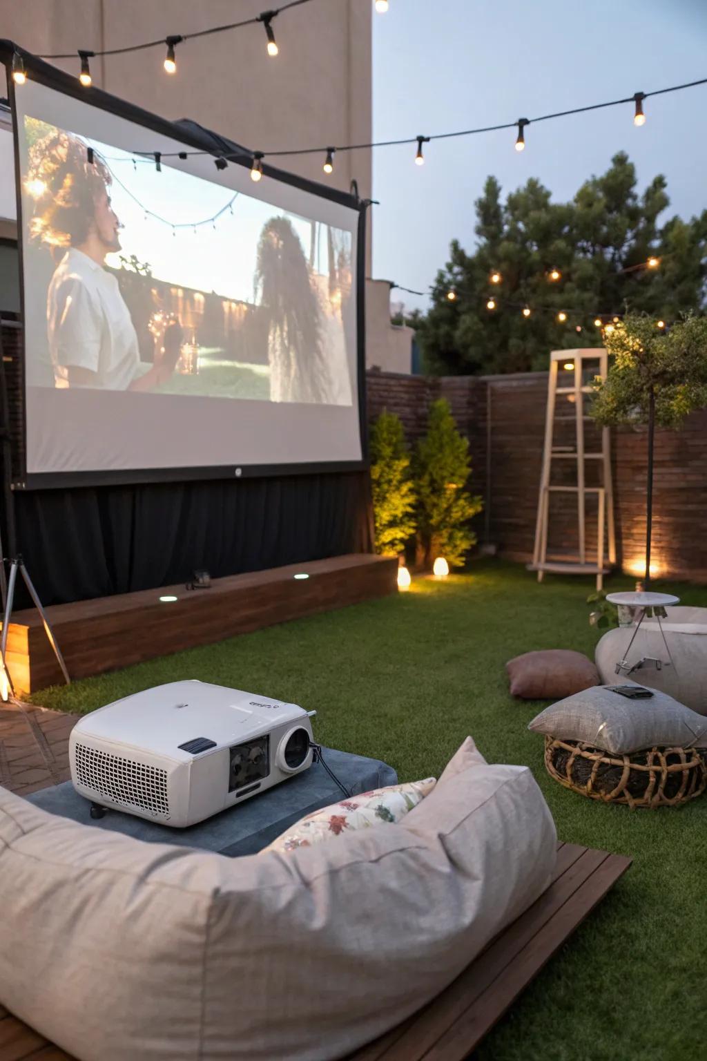 An enchanting exterior movie theatre on green synthetic turf.