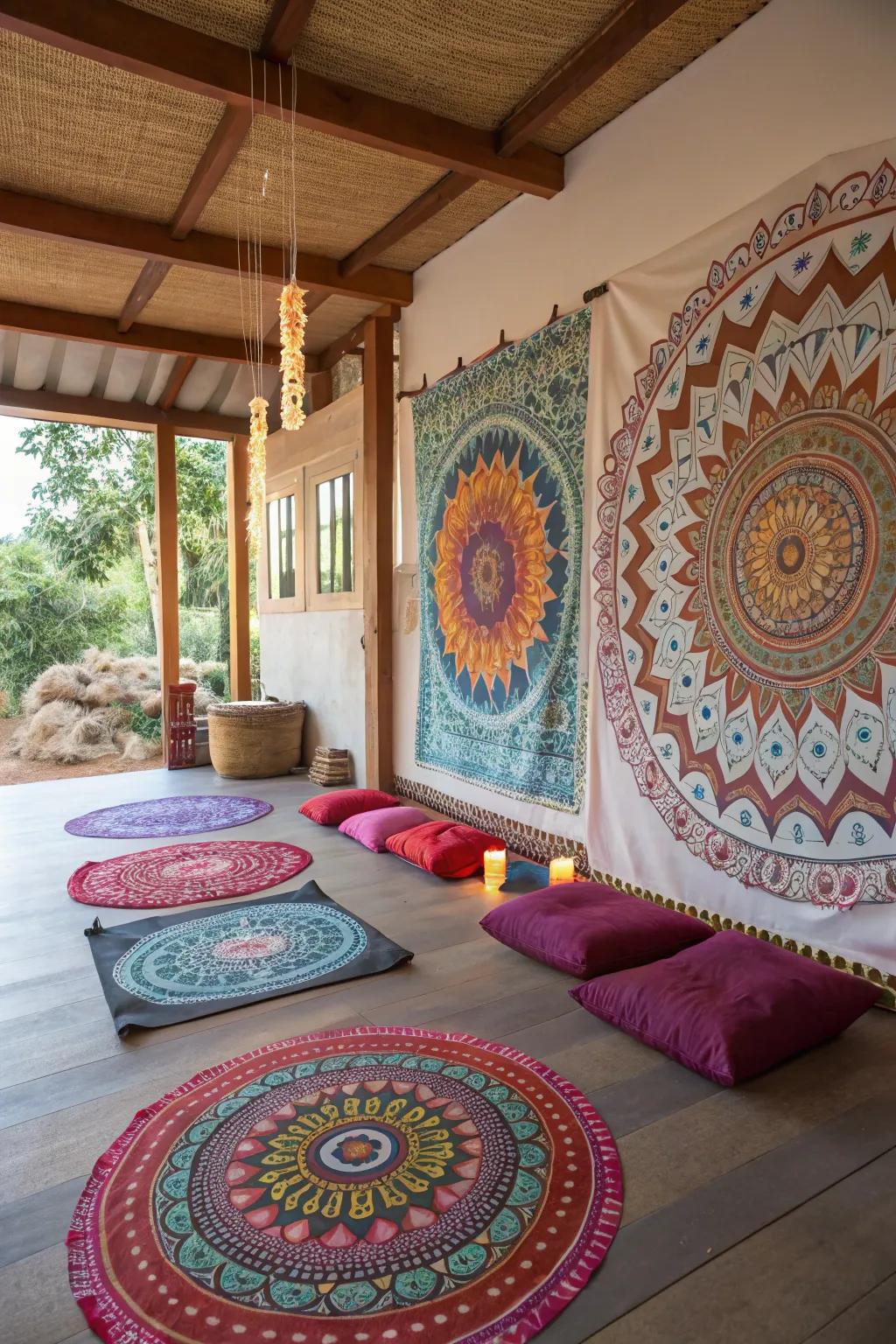Spiritual circle patterns enhance harmony and focus in the reflection area.