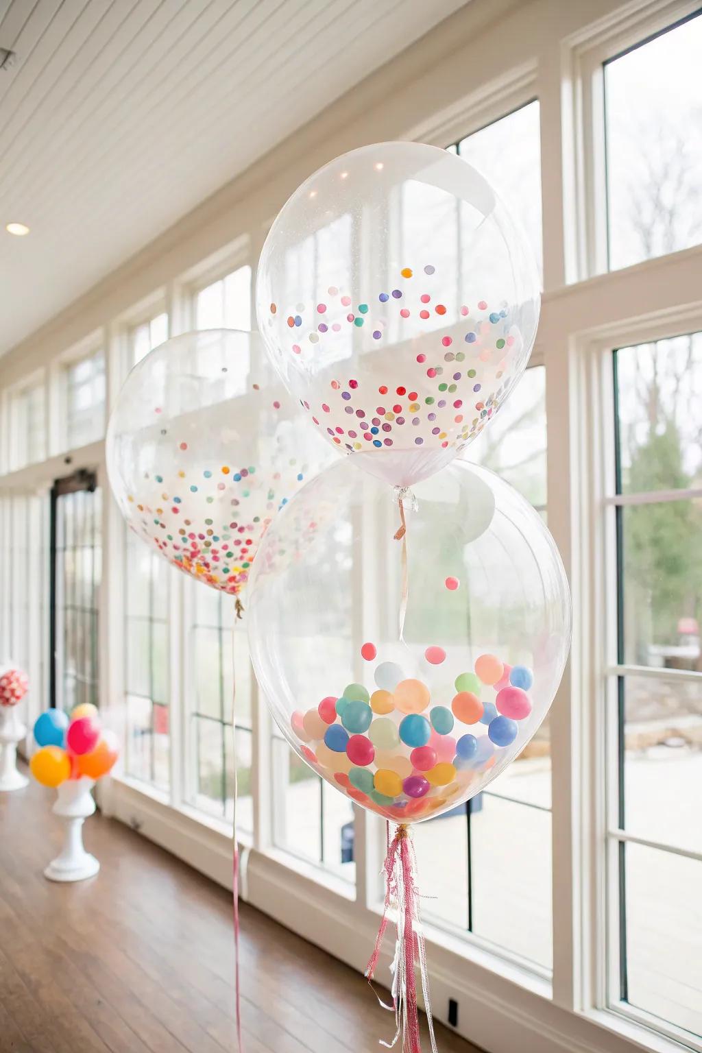 Clear balloons with inserts offer a playful and eye-catching display.