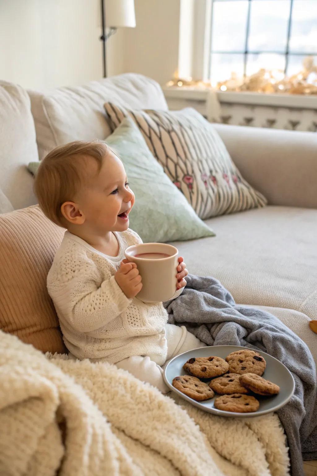 Warm cocoa and cookie instances in a celebratory setting.