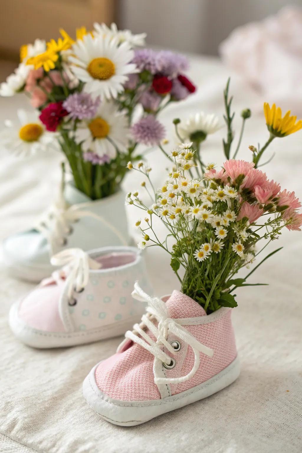 Baby booties repurposed as vases contribute a distinctive impression.