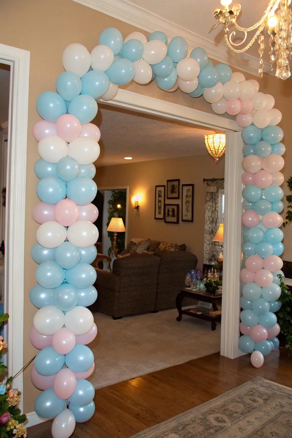 Sculpted balloons inject a whimsical and unexpected element into the entrance.
