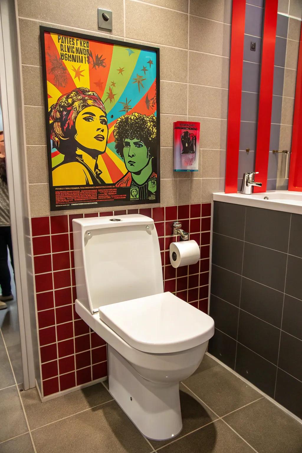 A bold visual adding a vibrant touch to the bathroom.