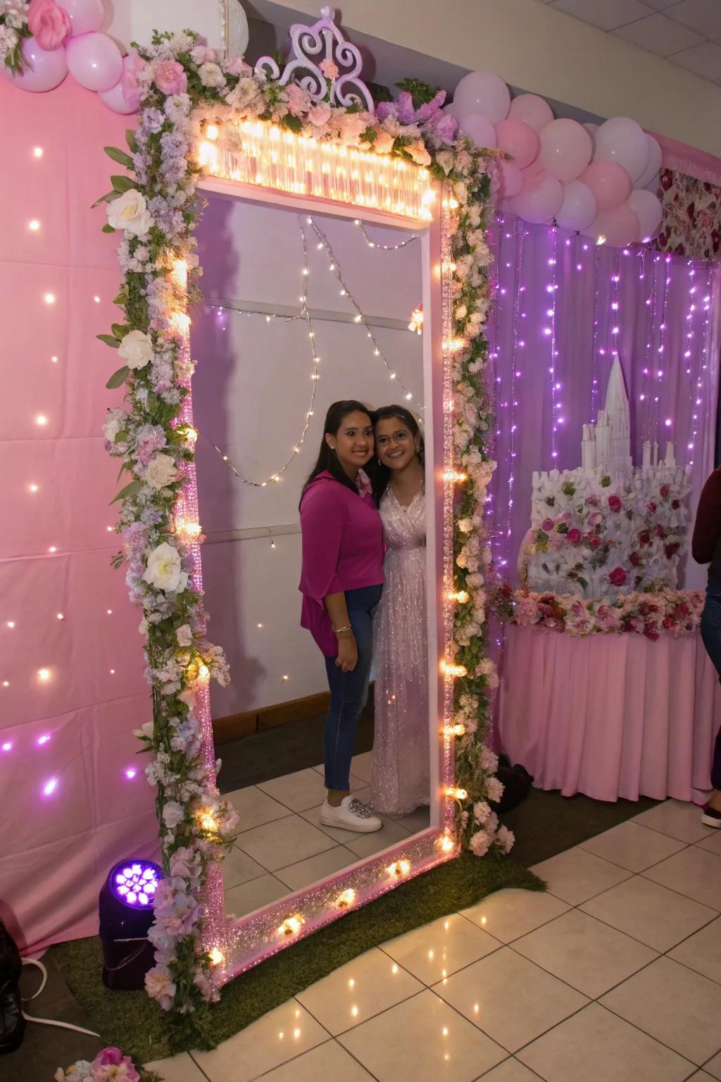 A mirror photo booth captures fairytale moments perfectly.