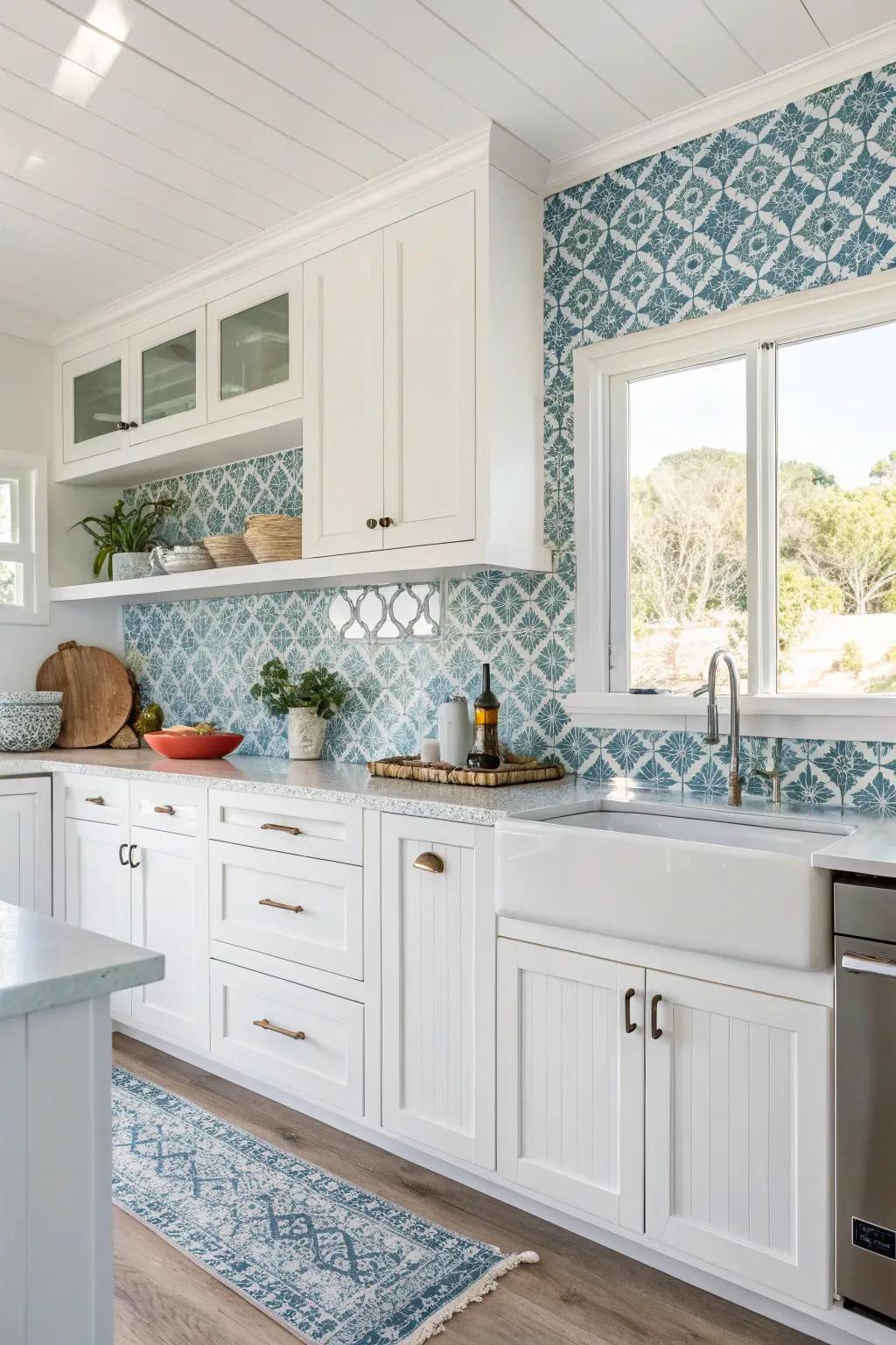 Seaside colors bring a beachside vibe to this white kitchen.