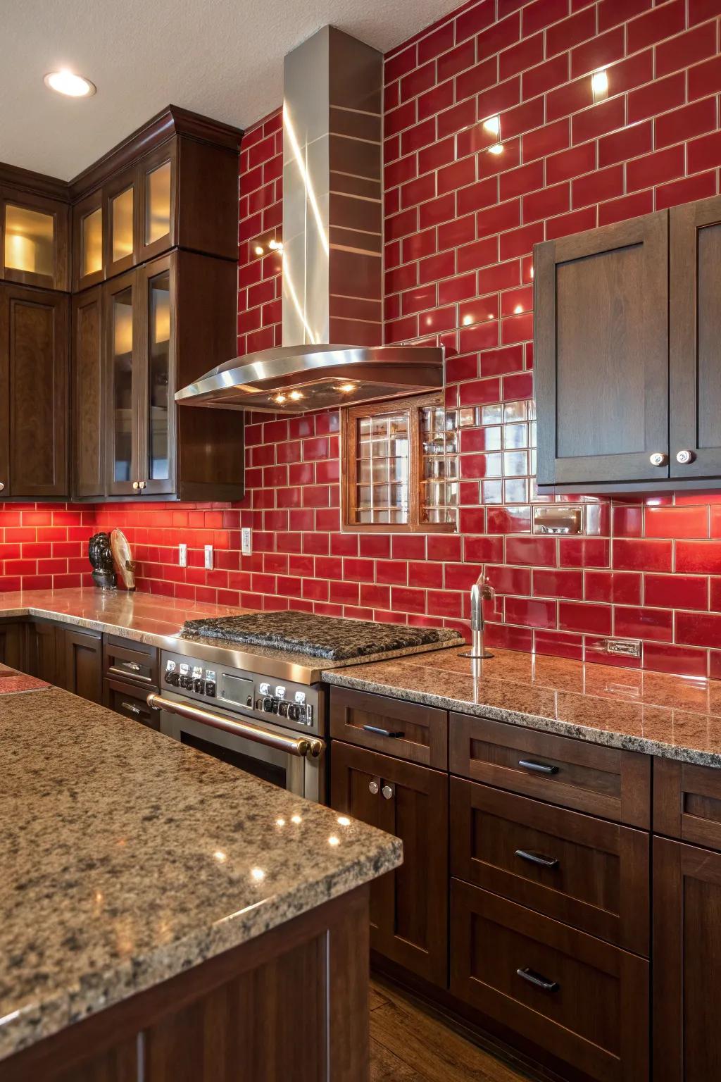 Bright crimson tiles create a striking accent with fantasy brown granite.