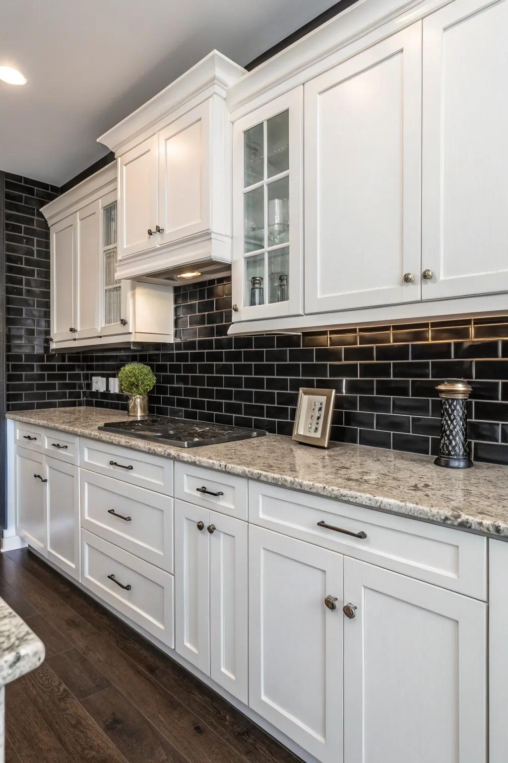 The bold contrast of black tiles adds a dramatic and sophisticated touch.