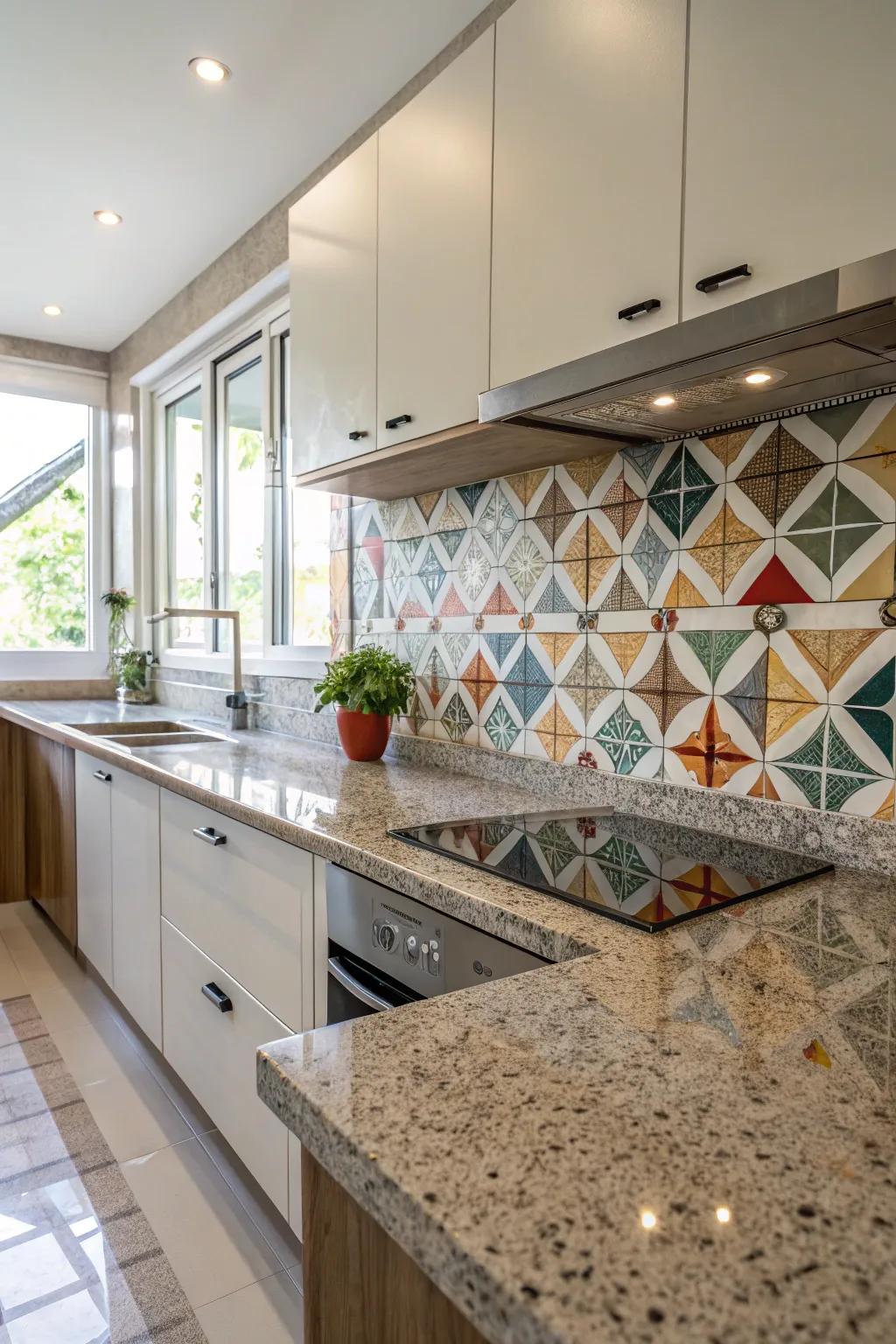 Geometric tiles contribute playful designs to granite countertops.