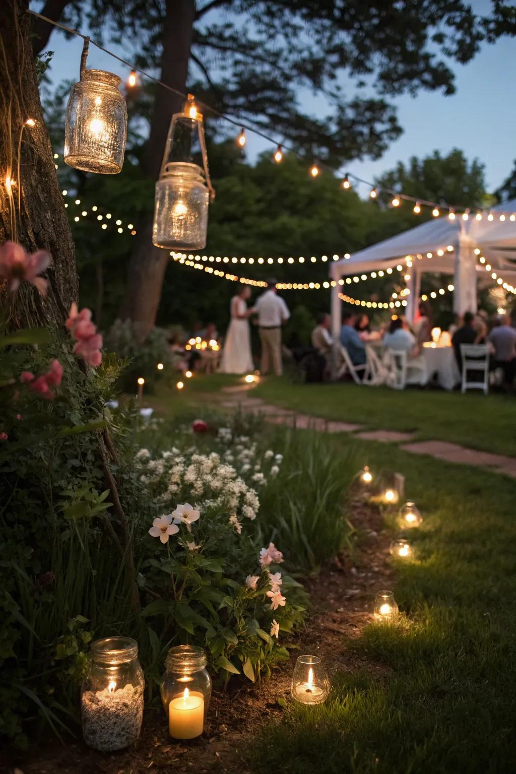 Artisan vessel luminaries cast a rustic glow over the garden party.