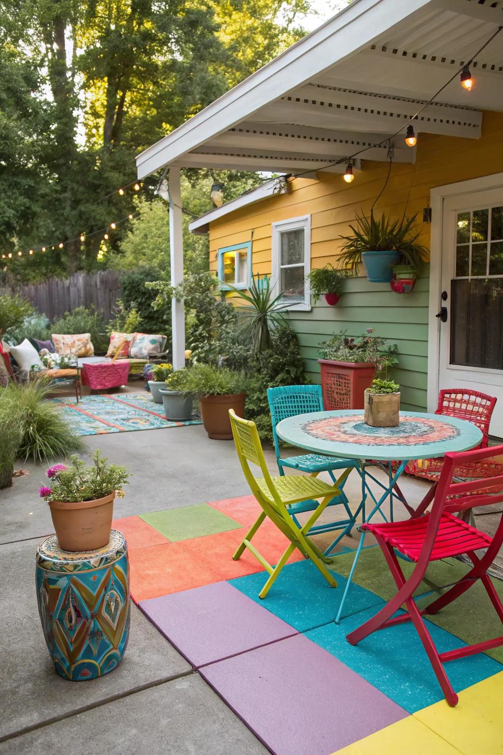 Painted concrete delivers a vibrant and artistic patio flooring solution.
