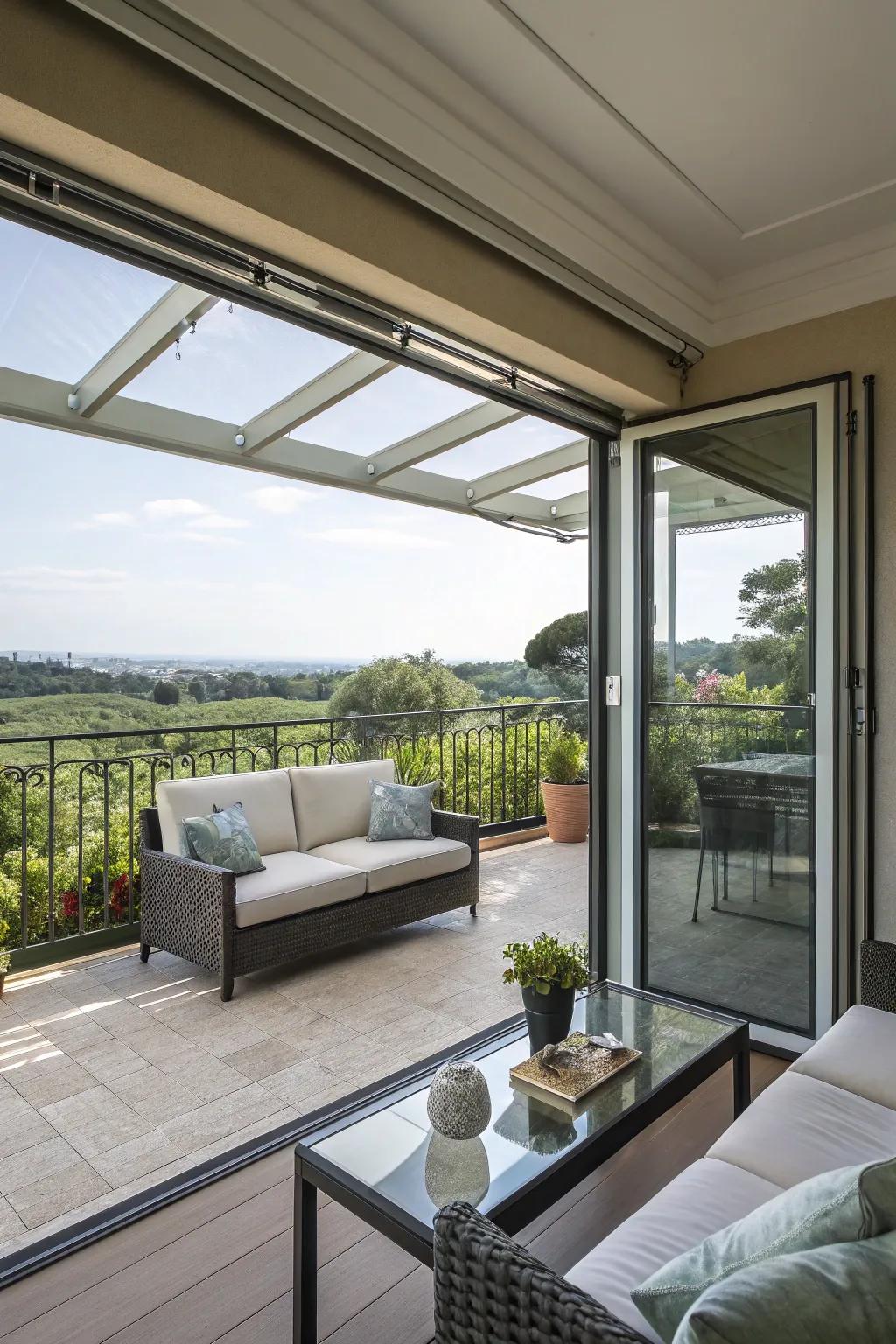Adjustable transparent panels offer flexibility and unobstructed views.
