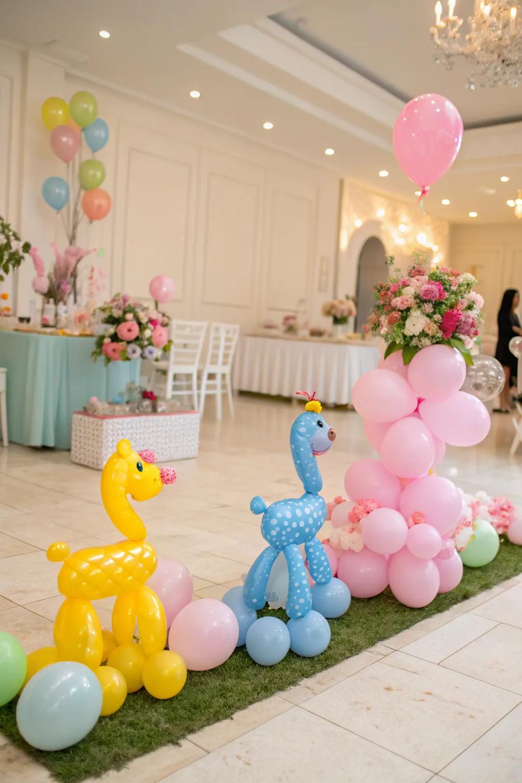 Whimsical balloon creatures introduce a playful touch to the occasion.
