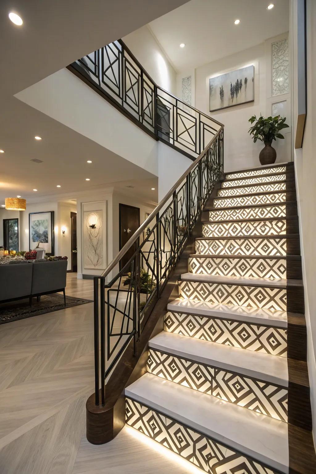 Banisters with geometric patterns offer a creative flair.