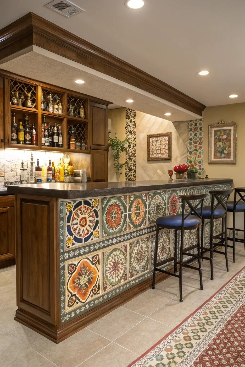 A mosaic panel infuses both texture and panache into your bar.