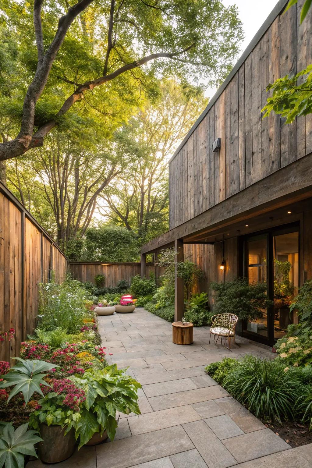 Wood plank walls adding countryside charm to an exterior patio.