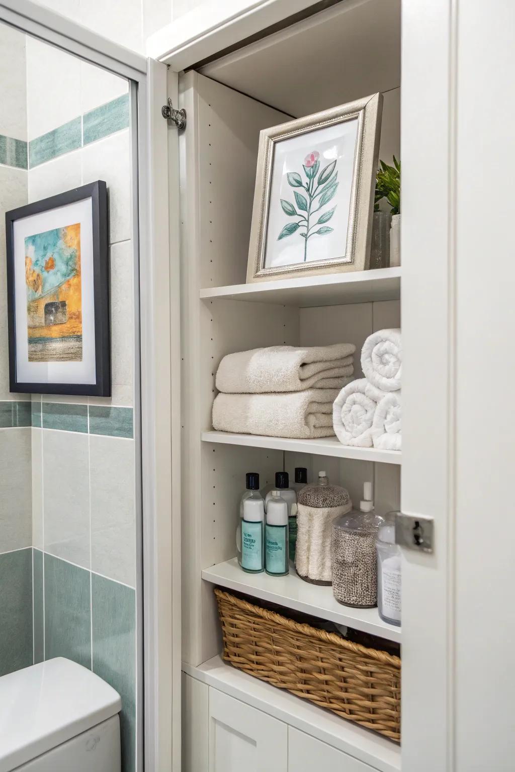 Framed art adds a personal and creative touch to the bathroom closet.
