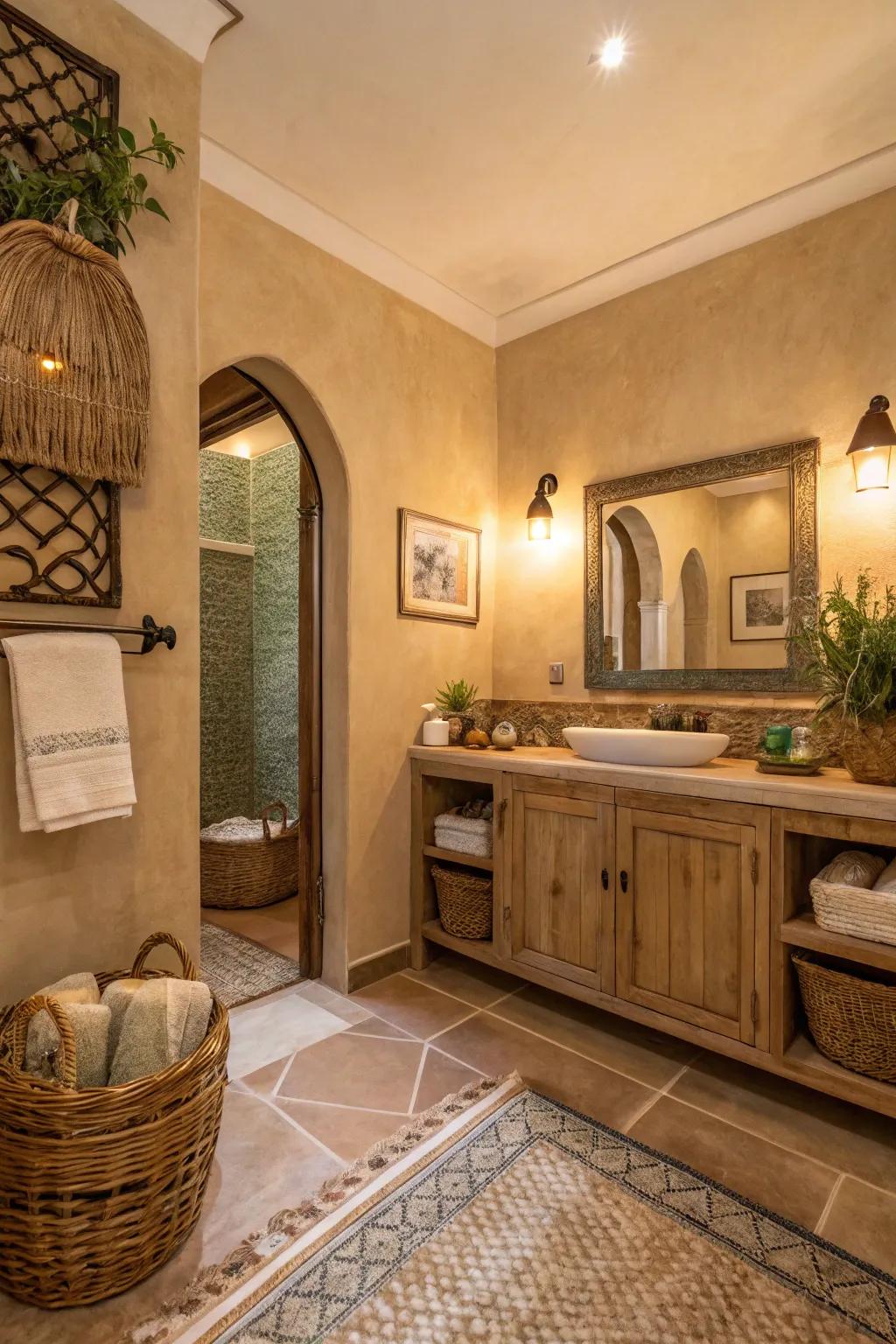 Comforting sand walls offer a balanced and grounded bathroom atmosphere.