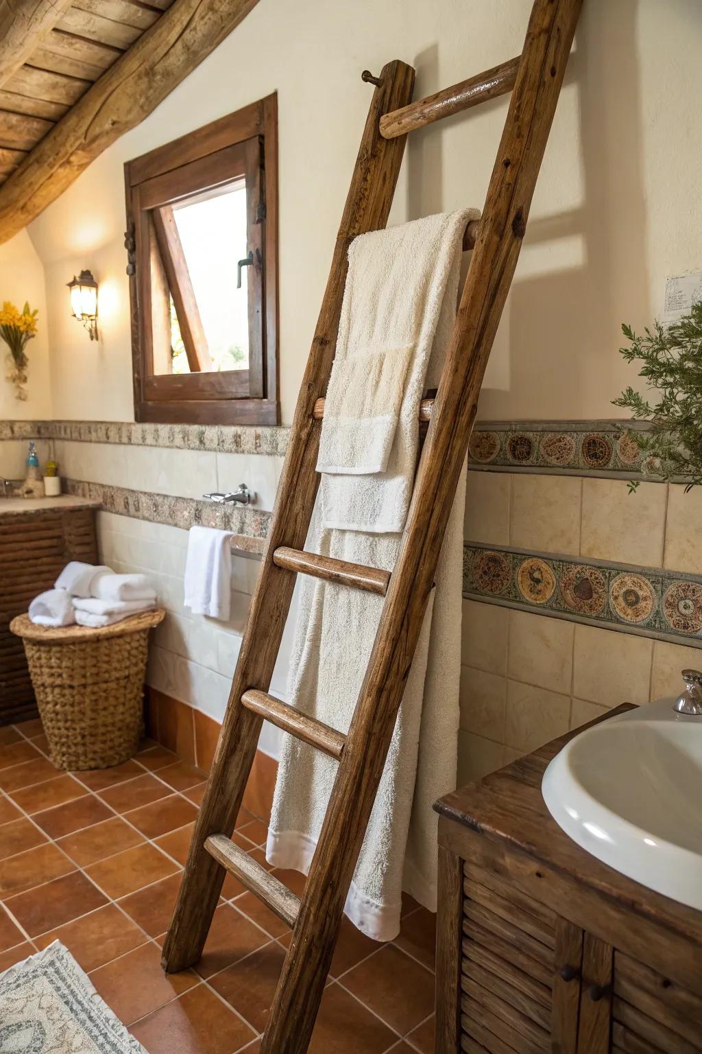 Vintage ladders introduce earthy charm and function.