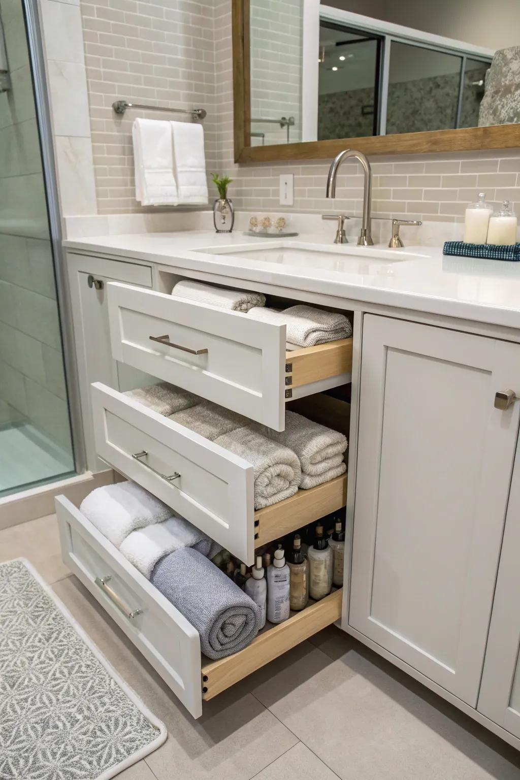 Pull-out shelves provide convenient cabinet access.