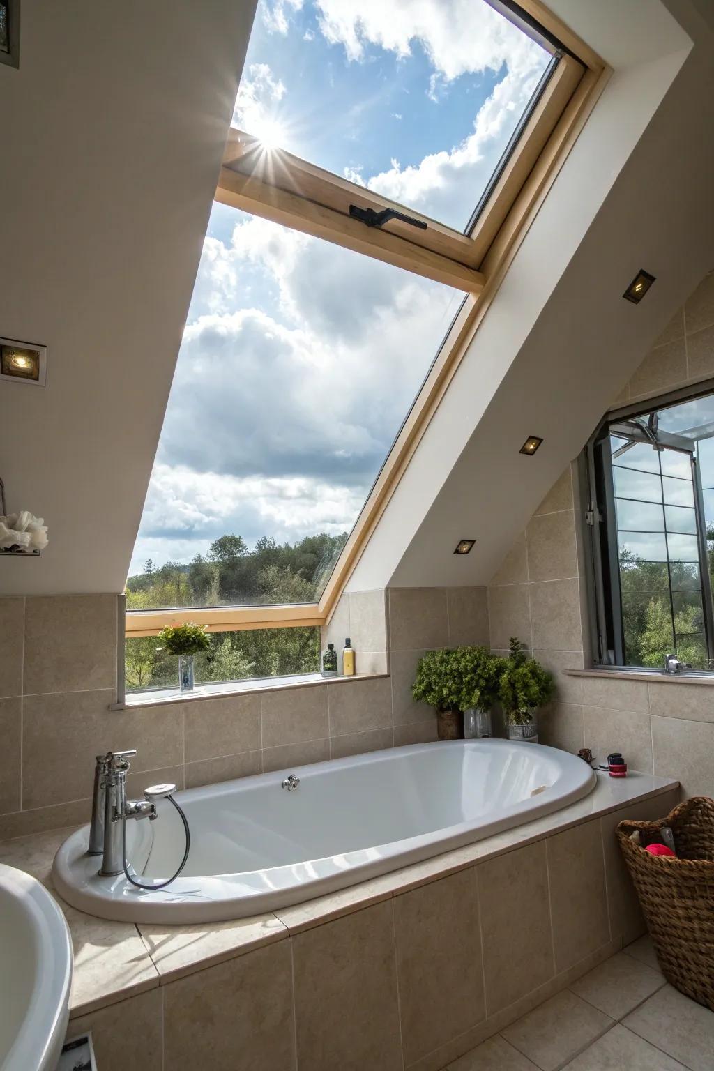 An overhead window adds sunlight and luxury to this bathroom.