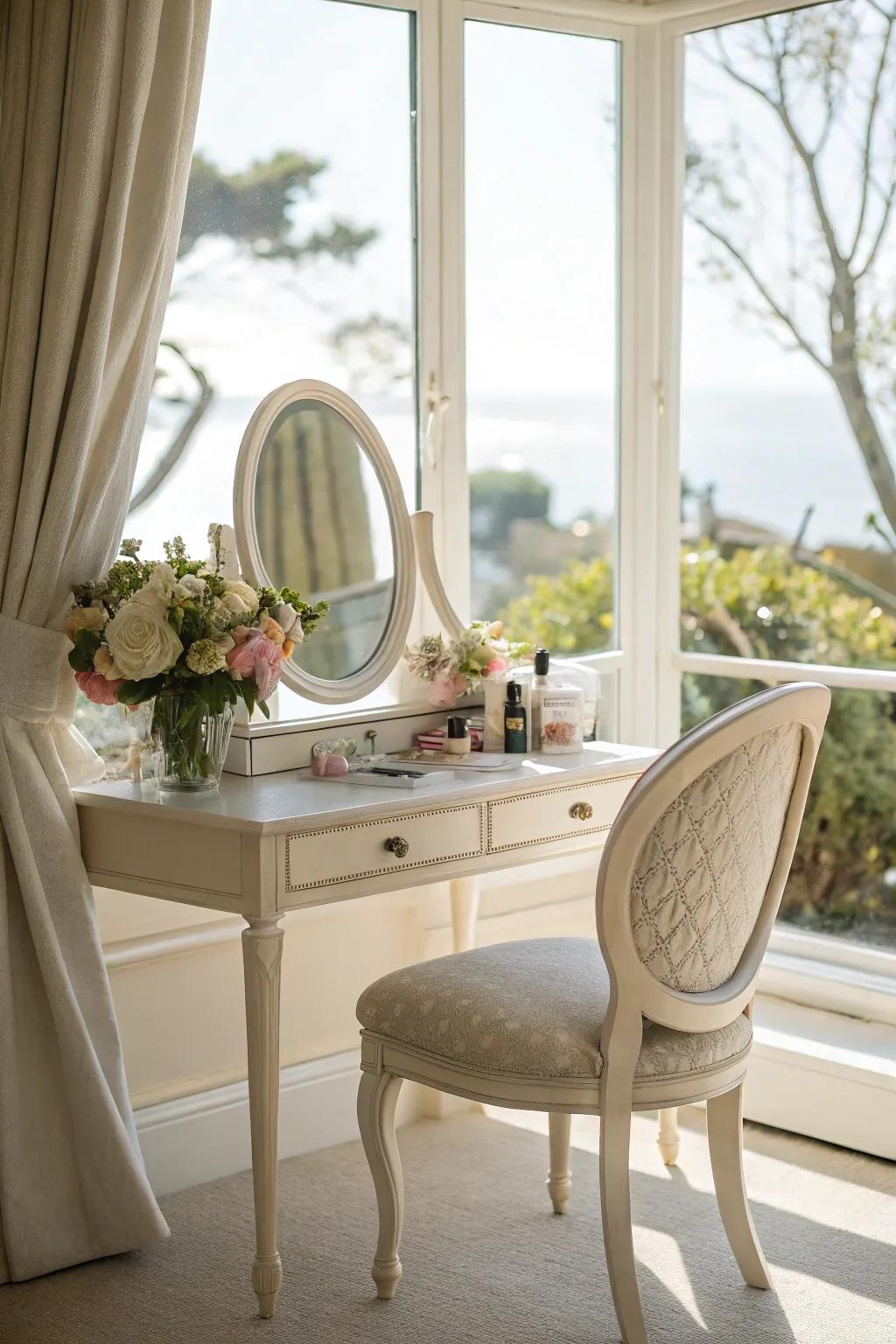 A stylish vanity space within the bay window enhances your daily self-care regimen.