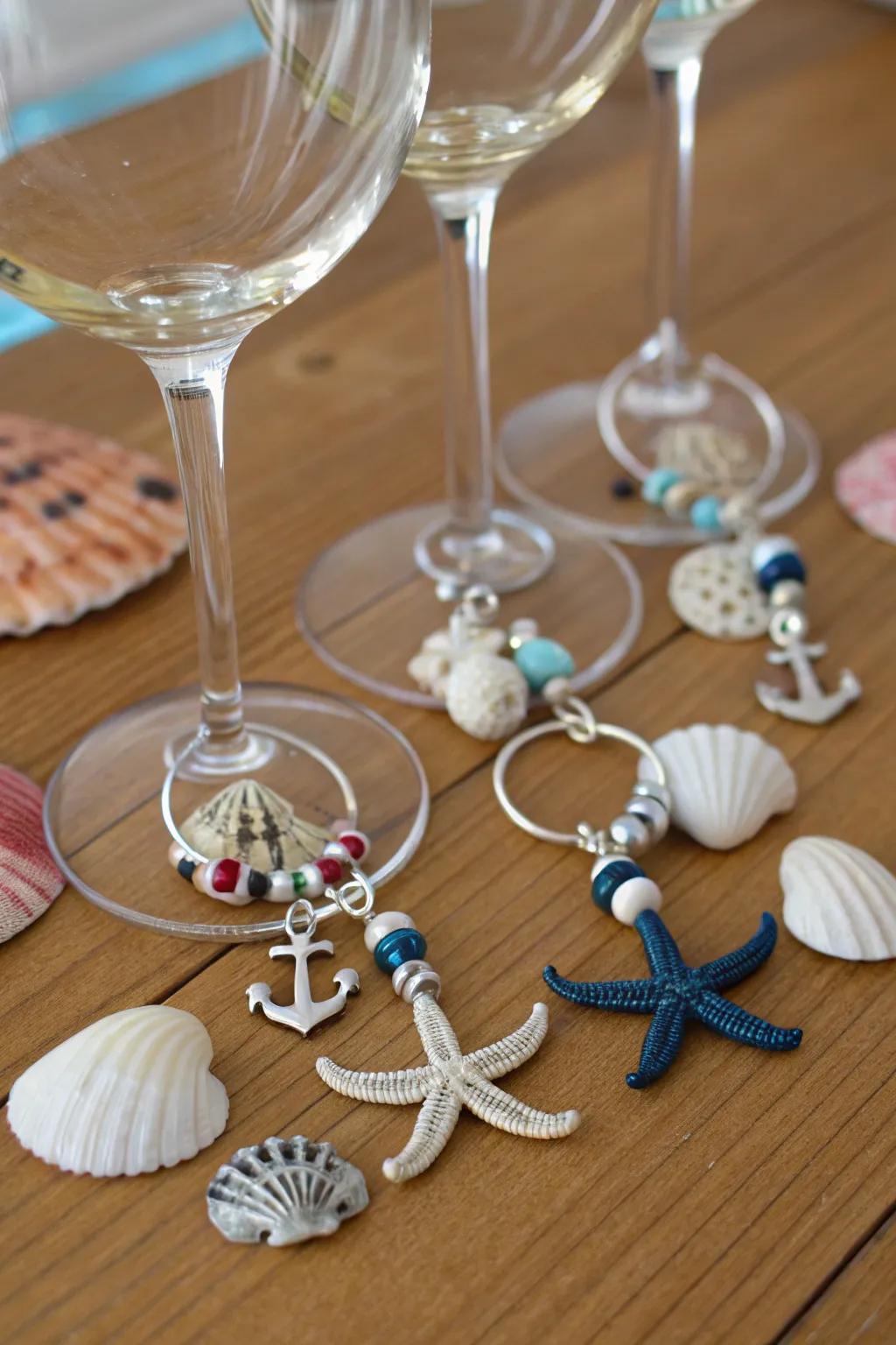 Incorporate a hint of ocean allure to your gatherings with coastal wine glass ornaments.