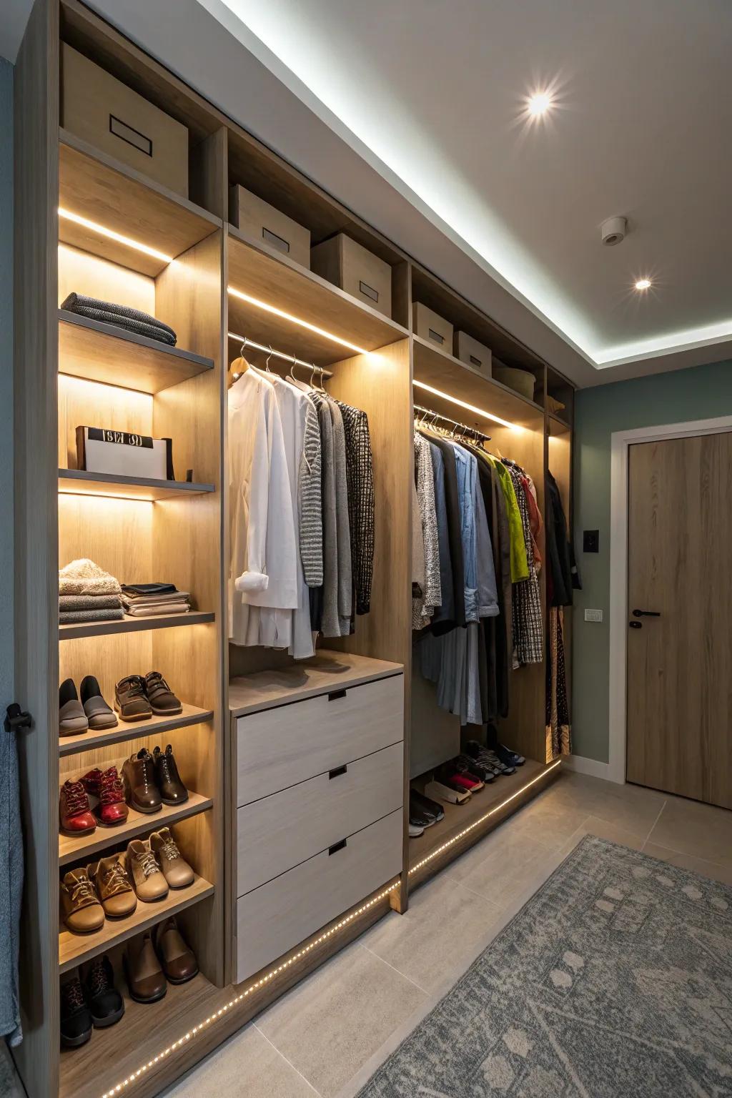 Smart lighting enhances functionality and ambiance.