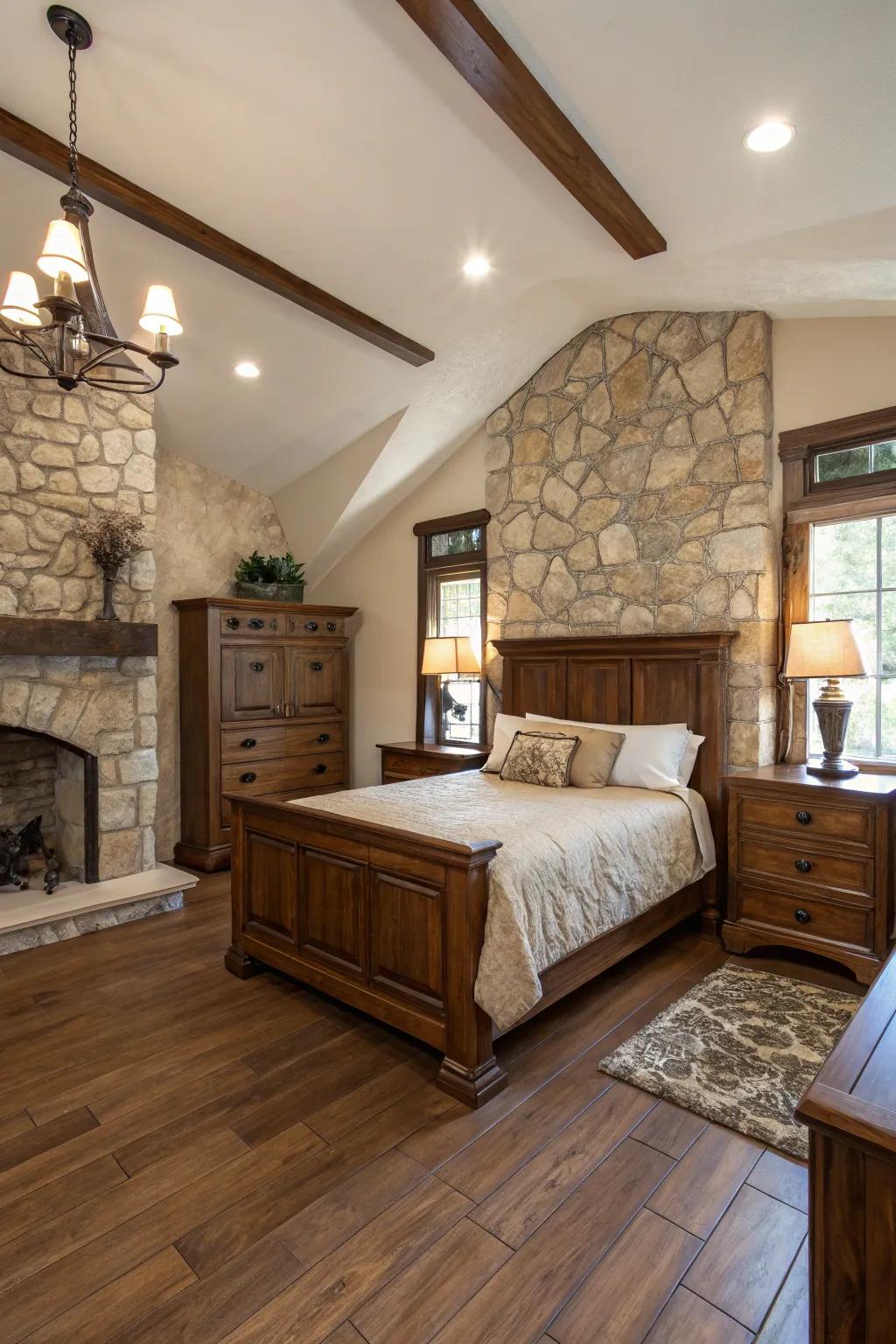 A relaxing and natural atmosphere is created with organic textures in the bedroom.