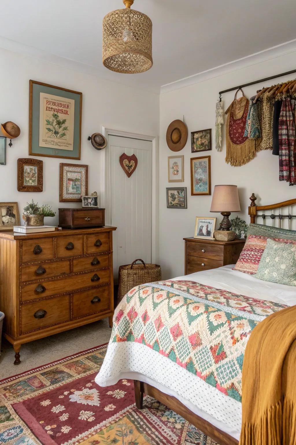 Distinct vintage finds add unique character and charm to this personalized bedroom.