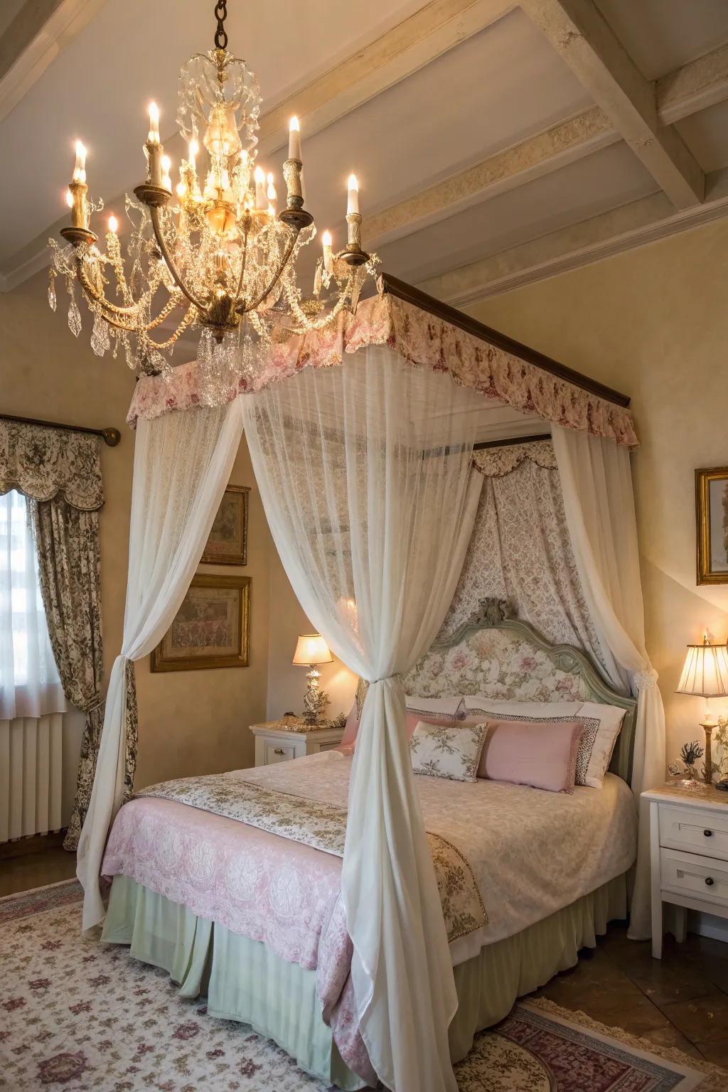 Chandeliers complement covered beds with elegance.