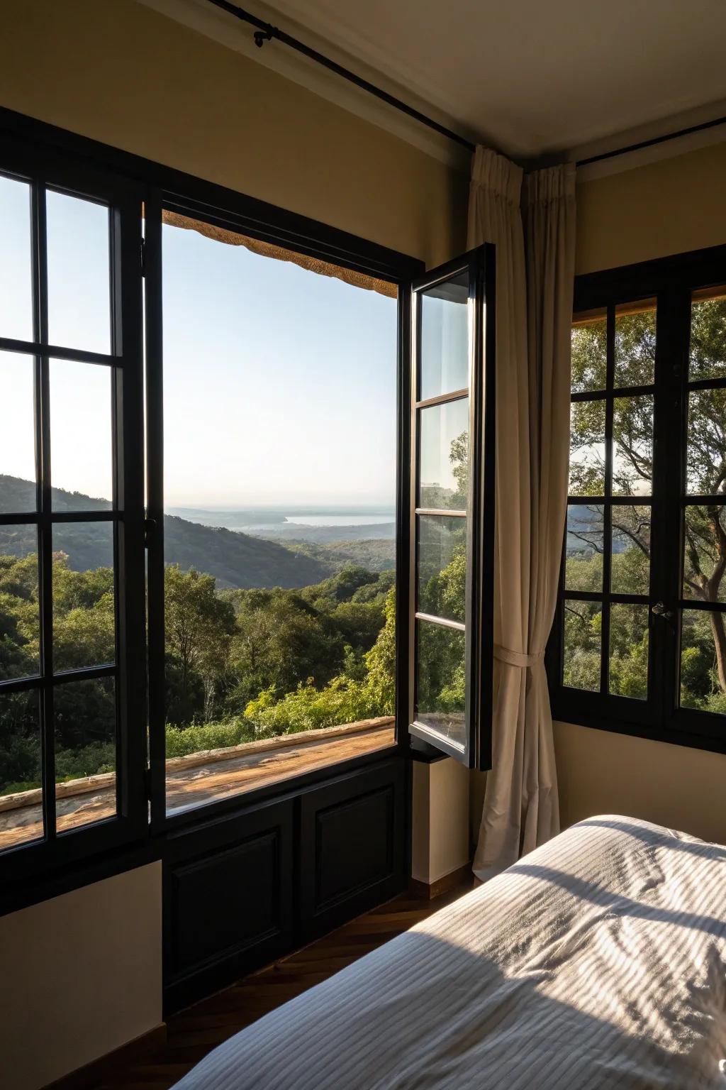 Dark window frames add boldness and contemporary flair.