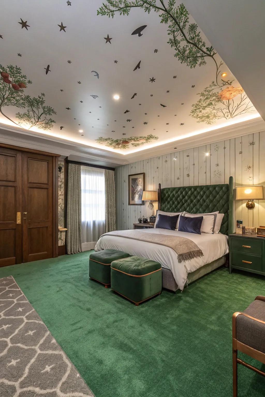 A statement ceiling adds an extra layer of intrigue to the bedroom.