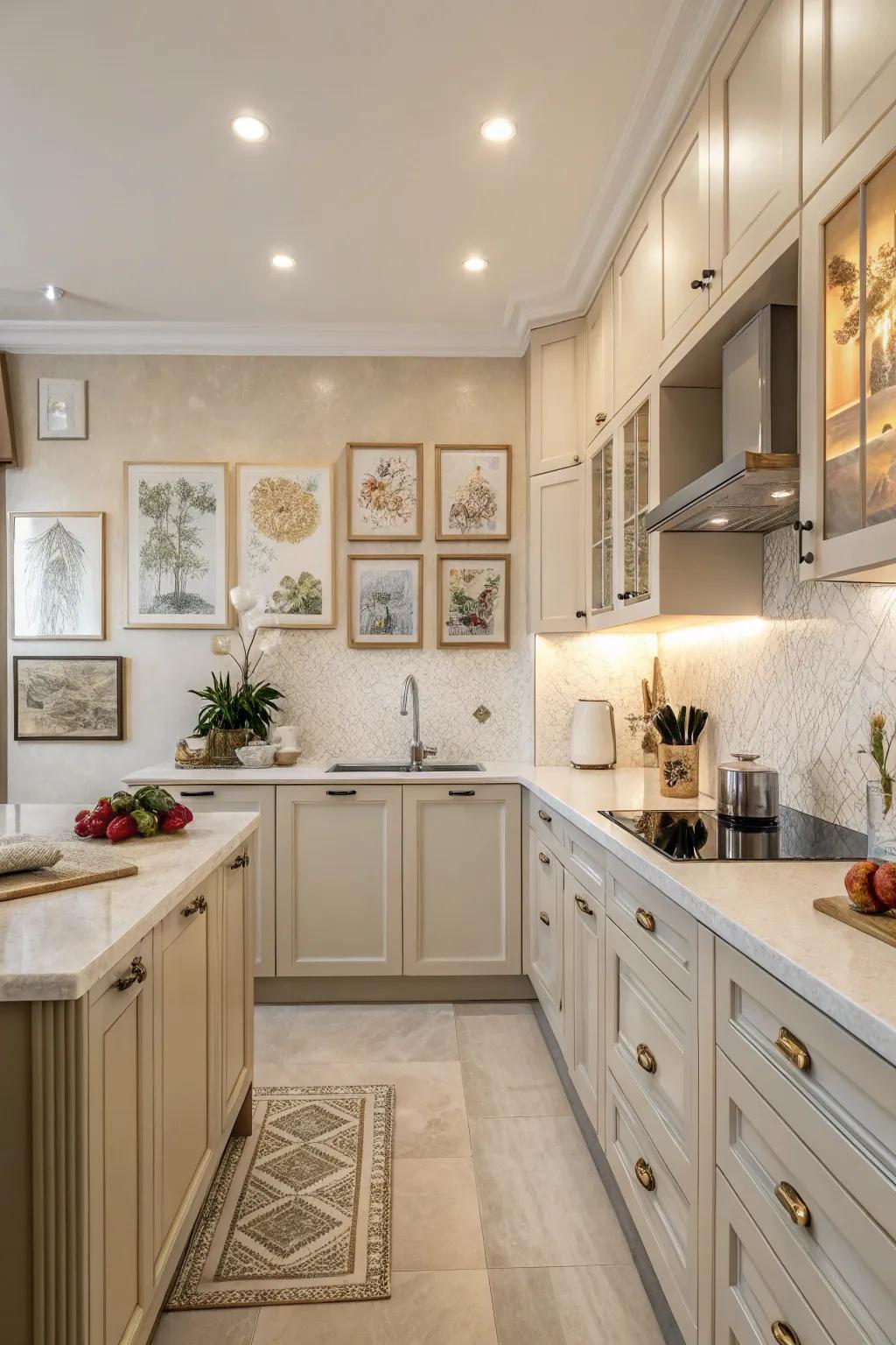 Art adds character and act as focal points in the kitchen.