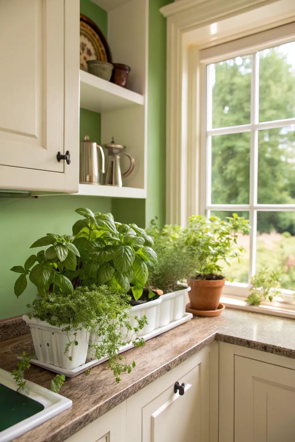 A fresh and inviting kitchen with basil green walls.