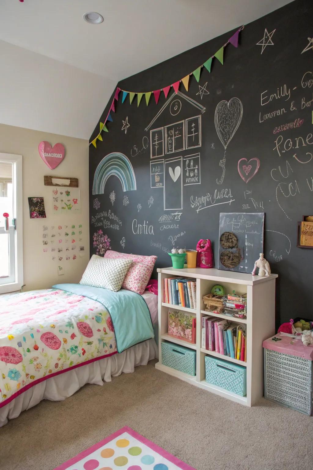 A writable board wall that encourages creativity and personal expression.