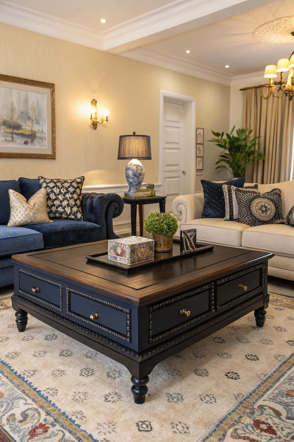 A dark blue and ebony center table acts as a central nexus.