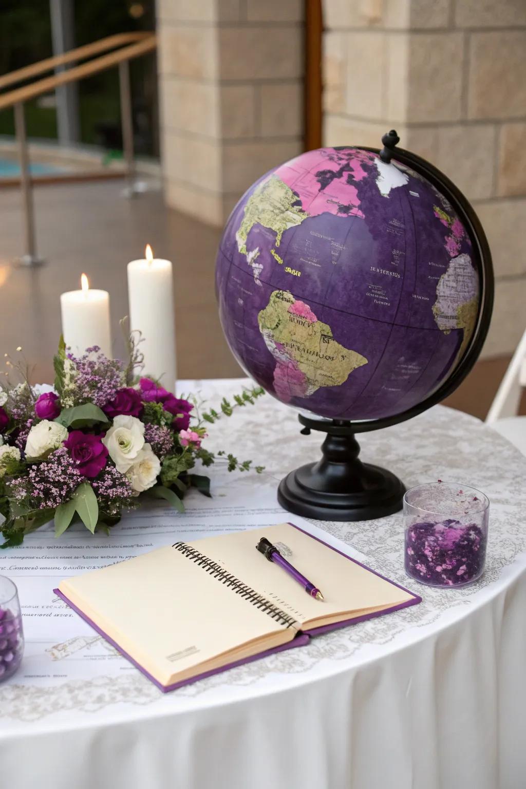 An intriguing visitor log replacement using a violet and onyx globe.