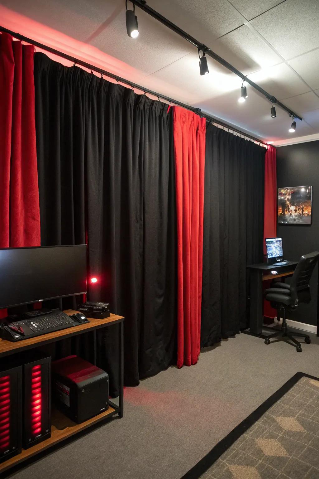Blackout curtains in black and crimson enhance focus and contribute to aesthetic harmony.