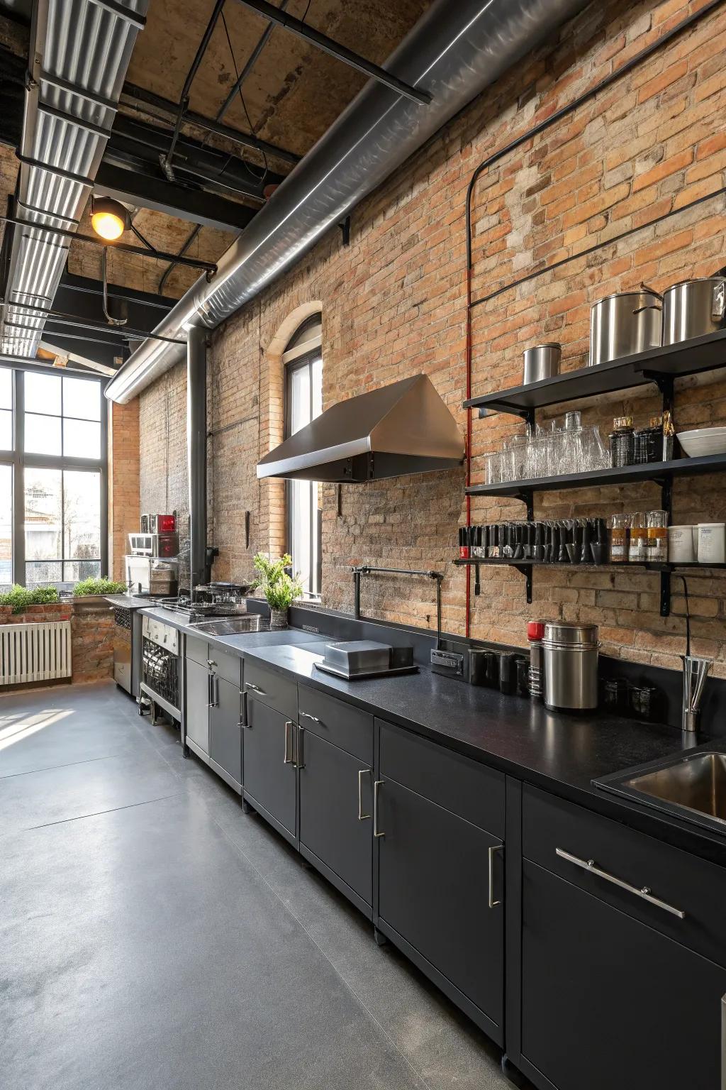 Industrial vibe with ebony worktops and exposed brick.