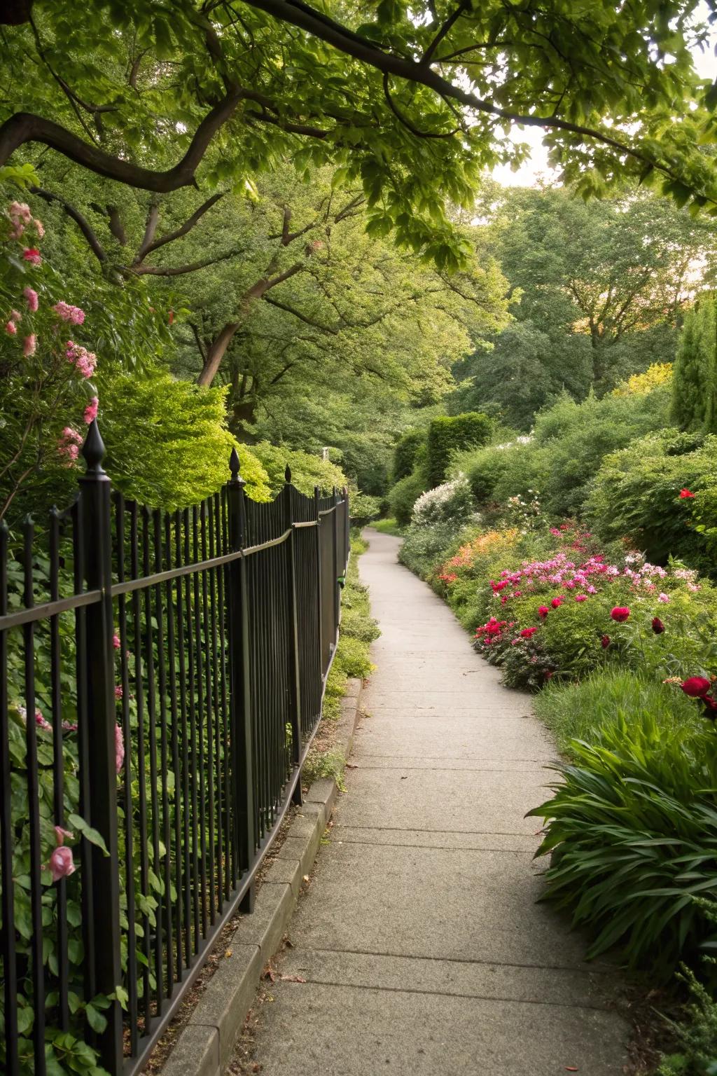 A dark fence elegantly borders a garden thoroughfare.