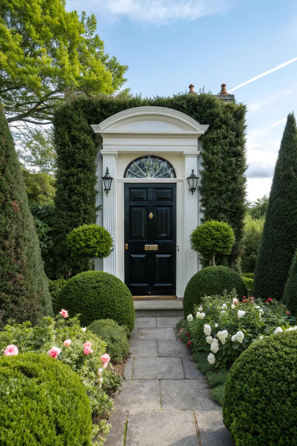Balanced landscaping enhances the balanced appearance of a black door featuring white trim.
