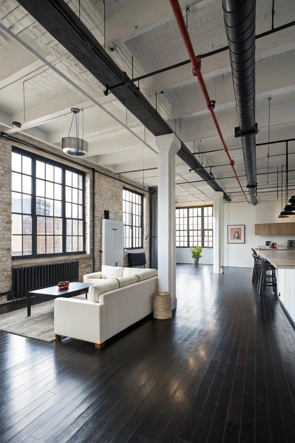 Modern loft living with dark hardwood floors.