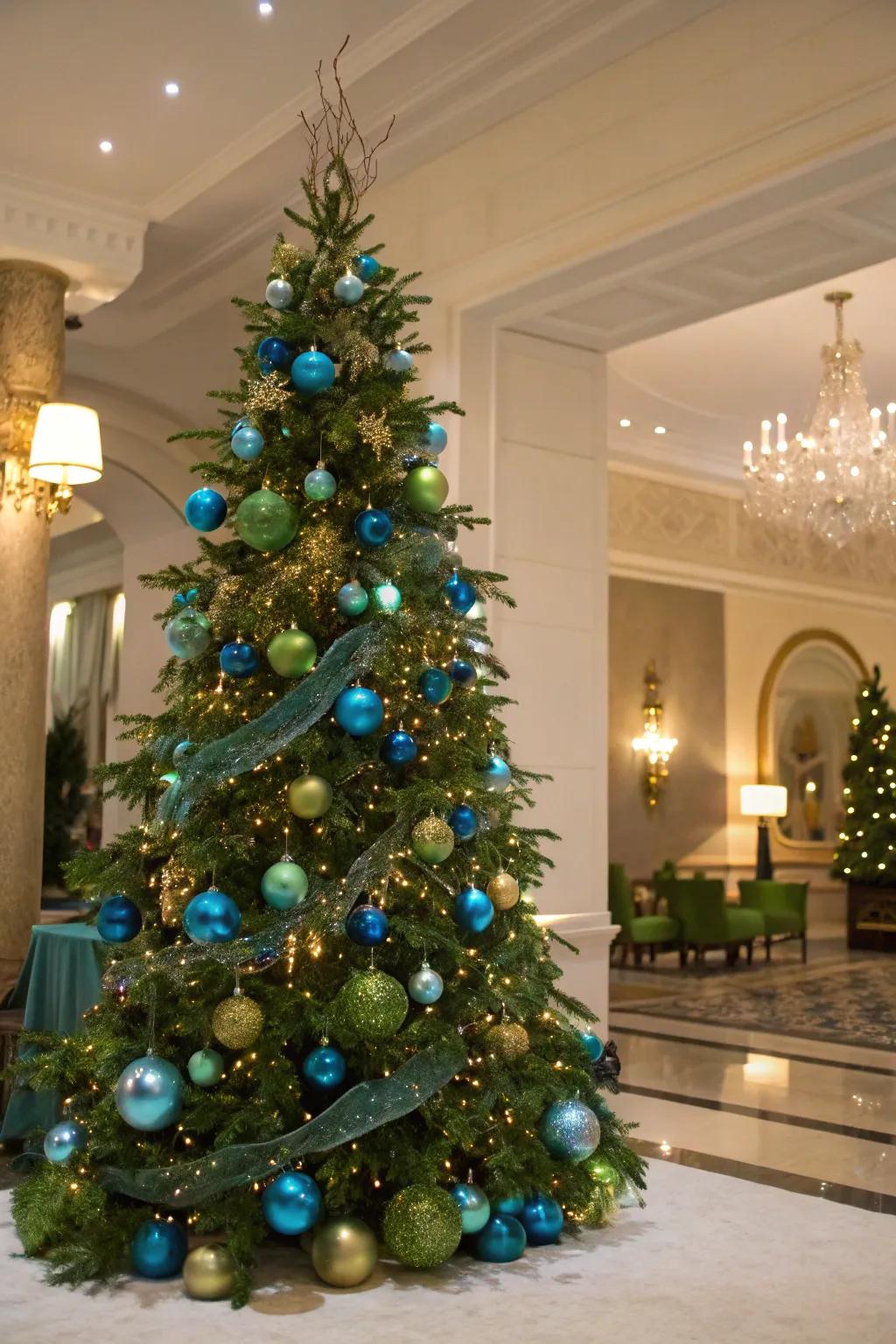 A tree in azure and olive, radiating enchanting elegance.