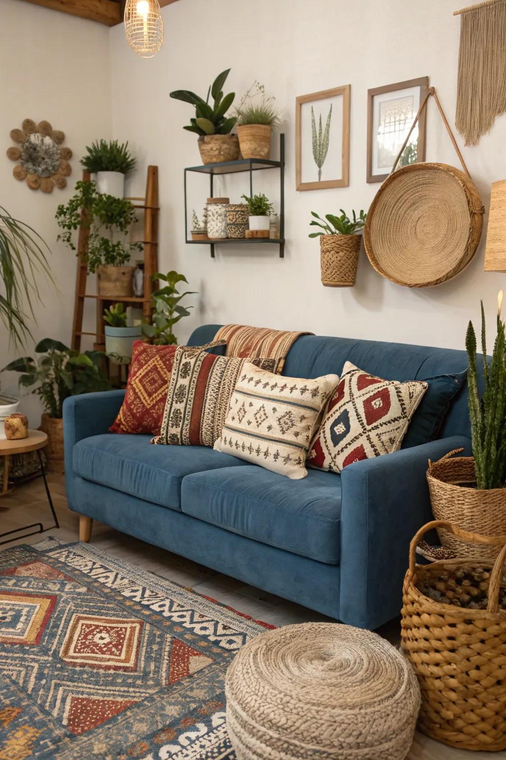 Bohemian textiles and decor create an inviting sapphire sofa setting.