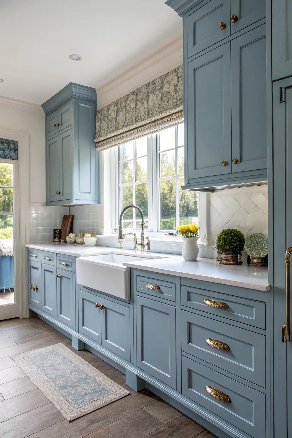 A fusion of traditional and cutting-edge approaches with azure cabinetry cultivates a balanced cooking space design.