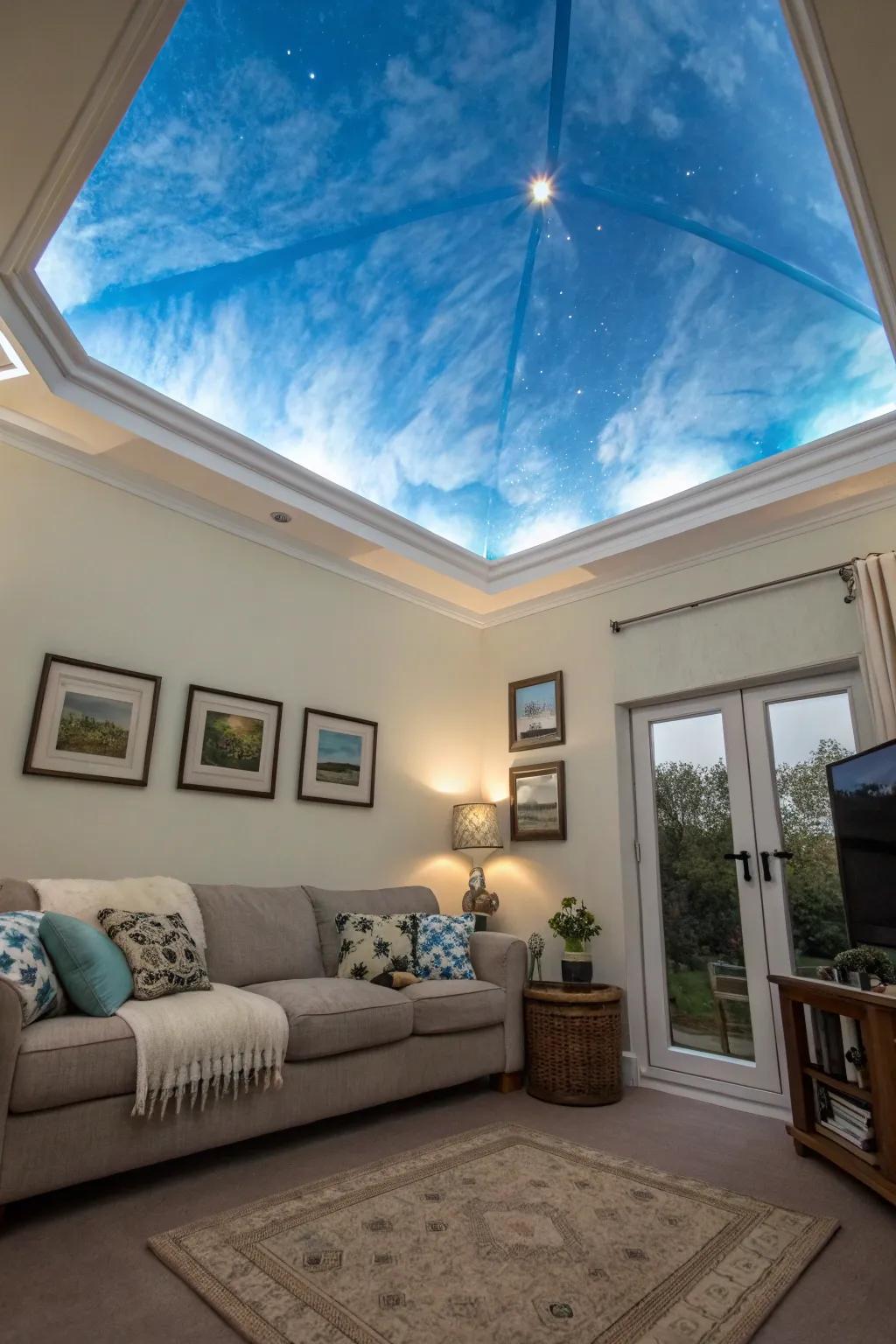 A gentle azure ceiling adds an unexpected and expansive feel.
