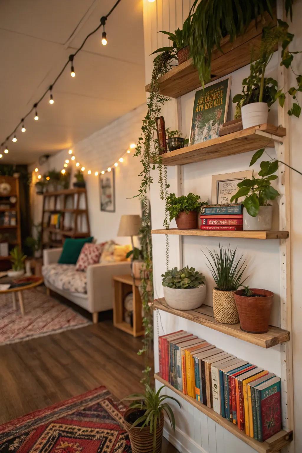 Artful racking creatively showcases plants and decor.