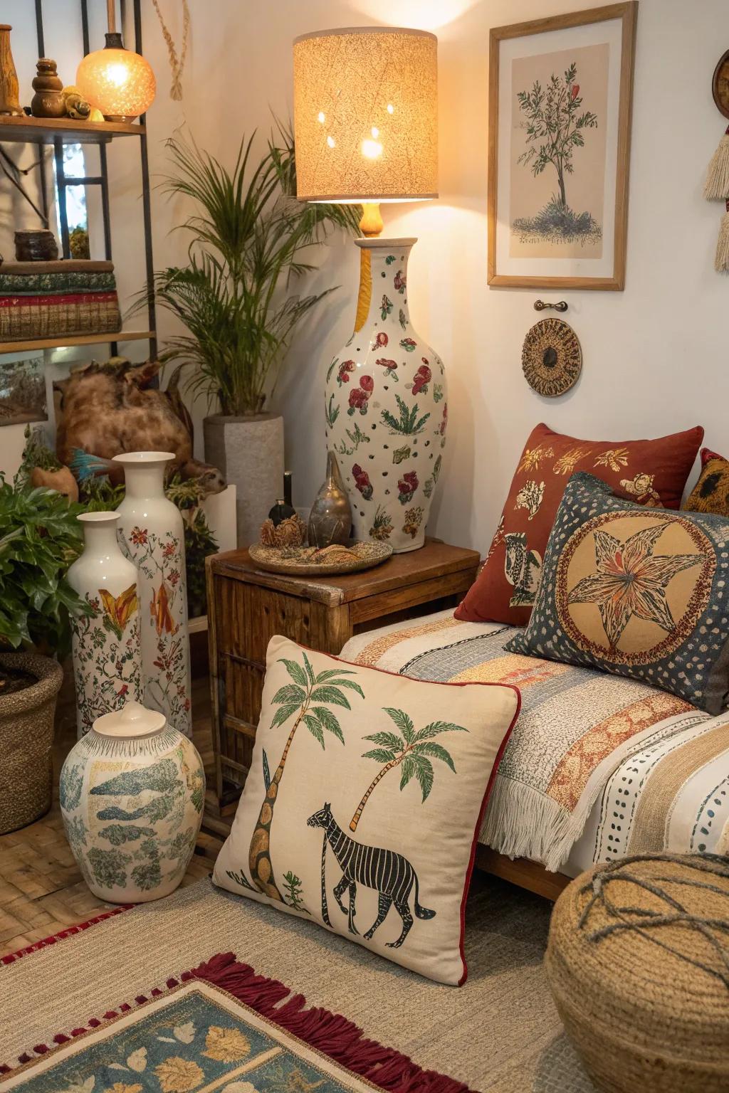Animal motifs give a whimsical touch to bohemian decor.